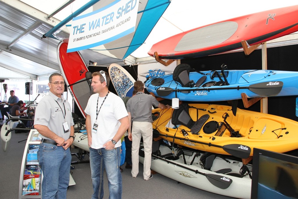 Olympic sailor Dan Slater (right) on his stand for The Watershed - 2012 Auckland On the Water Boat Show © Richard Gladwell www.photosport.co.nz